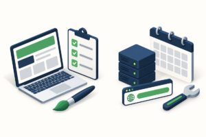 Landing page vs company profile dengan ilustrasi satu halaman penawaran dan beberapa halaman informasi perusahaan.